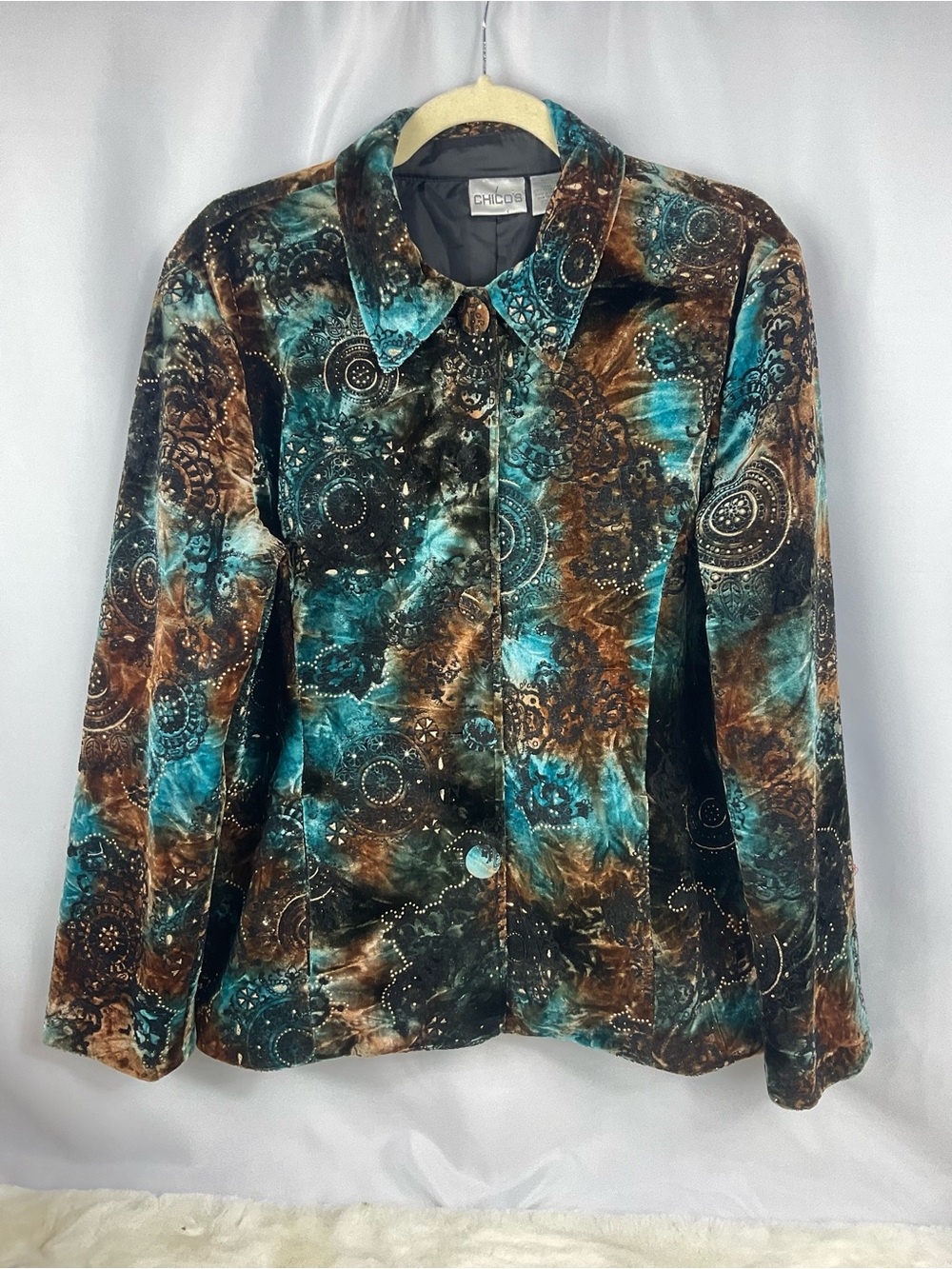 Chicoβs Size 2 Velvet Paisley Jacket Teal Brown Black Boho Statement Lined
